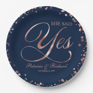 Blue Rose Gold She Said Yes Engagement Party Paper Plate