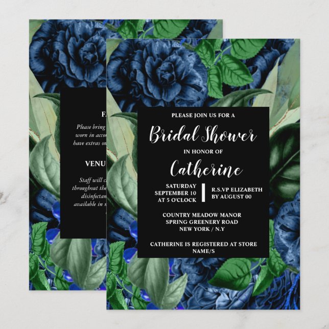 Blue rose greenery floral botanical flowers invitation (Front/Back)