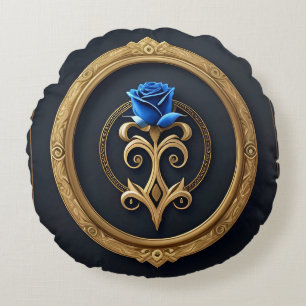 Blue Rose in Golden Frame with Ornate Details Round Cushion