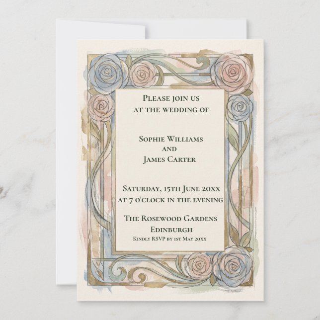 Blue Rose Nouveau Wedding Invitation (Front)