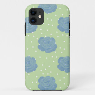 Blue rose pattern on green backround iPhone 11 case