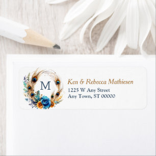 Blue Rose Peacock Wreath Monogram Return Address