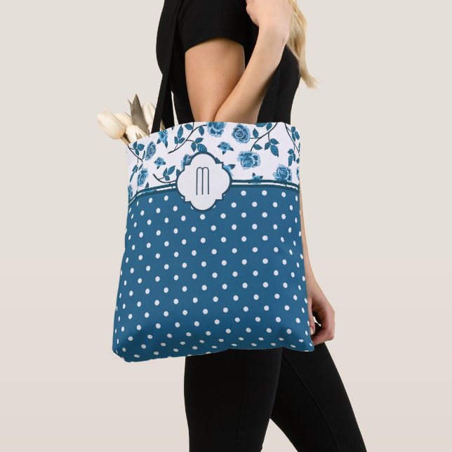 Blue Rose Polka Dot Monogram Tote Bag (Close Up)