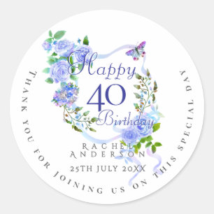 Blue Rose Ribbon 40th Birthday Classic Round Sticker