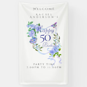Blue Rose Ribbon 50th Birthday Banner