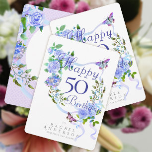 Blue Rose Ribbon 50th Birthday Holiday Card