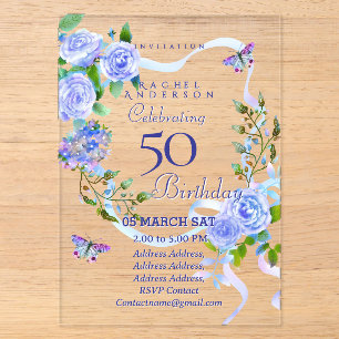Blue Rose Ribbon 50th  Birthday Invitation