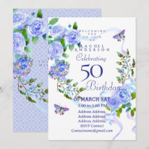 Blue Rose Ribbon 50th  Birthday Invitation