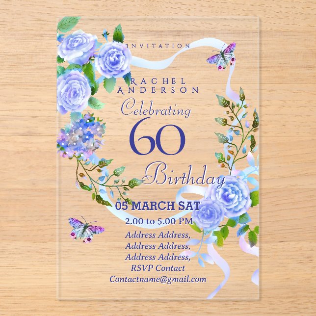 Blue Rose Ribbon 60th  Birthday Invitation (Front)