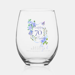 Blue Rose Ribbon 70th Birthday Stemless Wine Glass