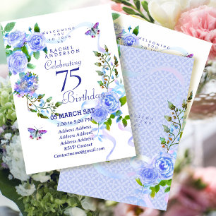 Blue Rose Ribbon 75th Birthday Invitation