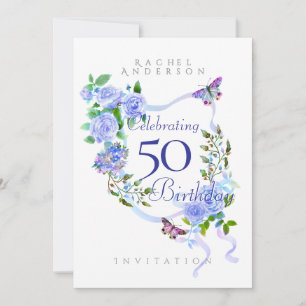 Blue Rose Ribbon Birthday Invitation