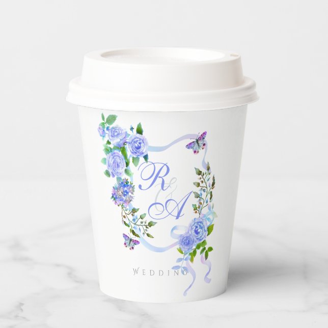 Blue Rose Ribbon Monogram  Paper Cups (Front)