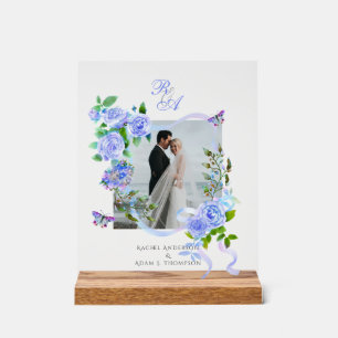 Blue Rose Ribbon Monogram Photo Wedding  Acrylic Sign