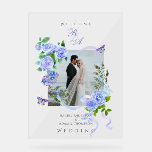 Blue Rose Ribbon Monogram Photo Wedding Acrylic Sign