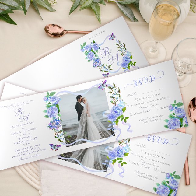 Blue Rose Ribbon Monogram Photo Wedding Invitation (Elegant Rose Ribbon Monogram Photo Invitation Card.)