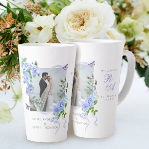 Blue Rose Ribbon Monogram Photo Wedding  Latte Mug