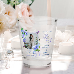 Blue Rose Ribbon Monogram Photo Wedding Shot Glass