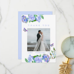 Blue Rose Ribbon Monogram Photo Wedding Thank You  Card