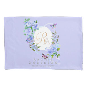 Blue Rose Ribbon Monogram Purple Pillowcase