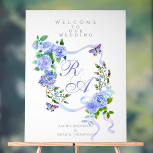 Blue Rose Ribbon Monogram Wedding Acrylic Sign