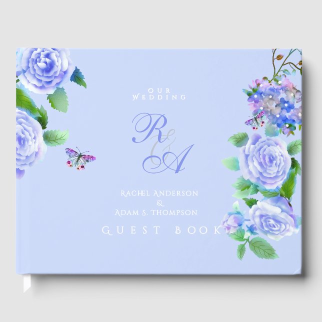 Blue Rose Ribbon Monogram Wedding Guest Book (Front)