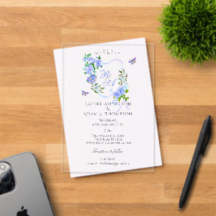 Blue Rose Ribbon Monogram Wedding  Invitation