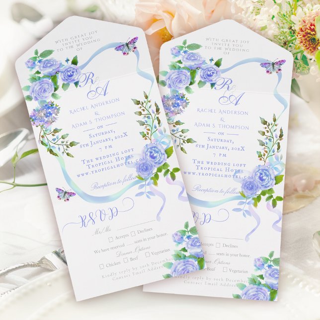 Blue Rose Ribbon Monogram Wedding Invitation (Blue Rose Ribbon Monogram Wedding Invitation)