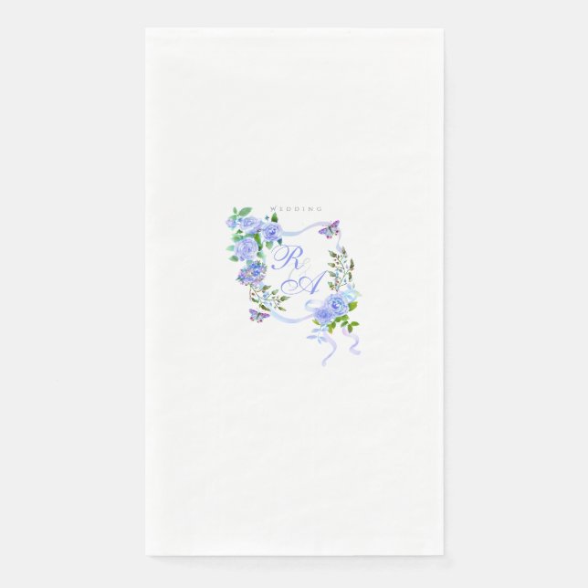 Blue Rose Ribbon Monogram Wedding Napkin (Front)