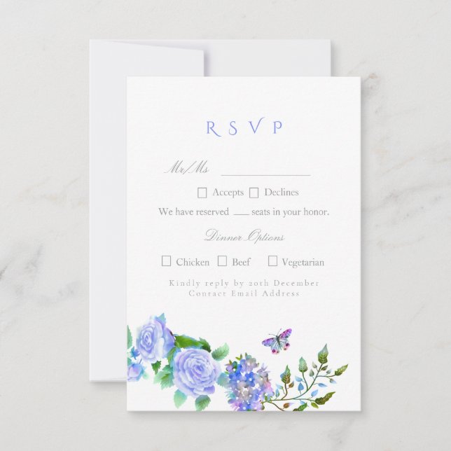 Blue Rose Ribbon Monogram Wedding  RSVP Card (Front)