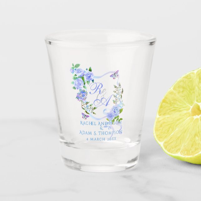 Blue Rose Ribbon Monogram Wedding  Shot Glass (Front)
