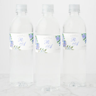 Blue Rose Ribbon Monogram Wedding Water Bottle Label