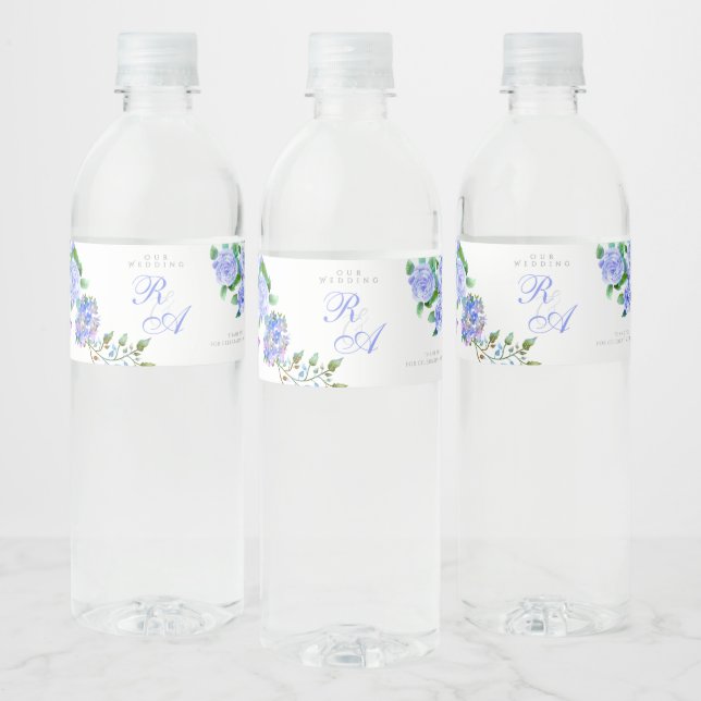 Blue Rose Ribbon Monogram Wedding  Water Bottle Label (Bottles)