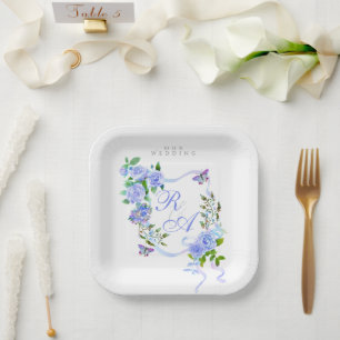 Blue Rose Ribbon Wedding Paper Plate