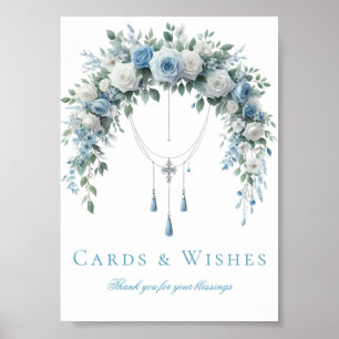 Blue Rose & Silver Cross Baptism Cards & Wishes  Poster