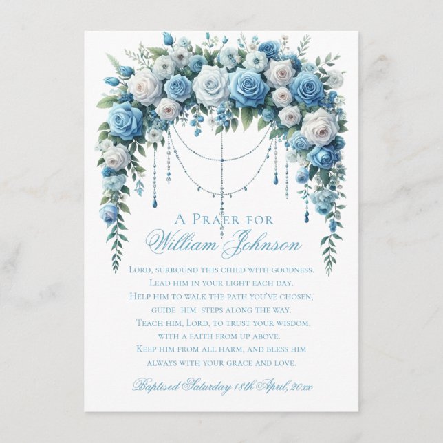 Blue Rose & Silver Cross Baptism Enclosure Card (Front)