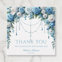 Blue Rose & Silver Cross Baptism Favor Tag