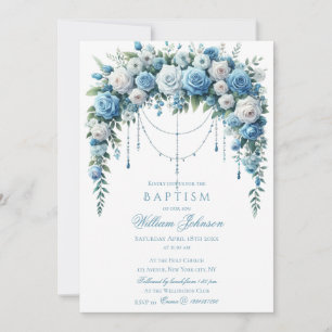 Blue Rose & Silver Cross Baptism Invitation