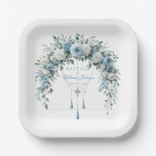 Blue Rose & Silver Cross Baptism Paper Plate