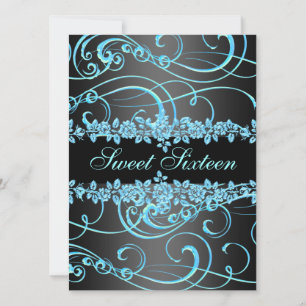 Blue Rose & Swirl Sweet16 Design Birthday Invite
