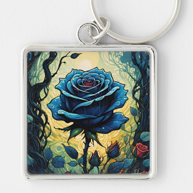 Blue Rose Vines 1 Square Key Ring (Front)