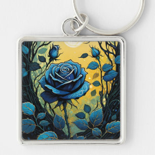 Blue Rose Vines 2 Square Key Ring