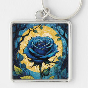 Blue Rose Vines 3 Square Key Ring