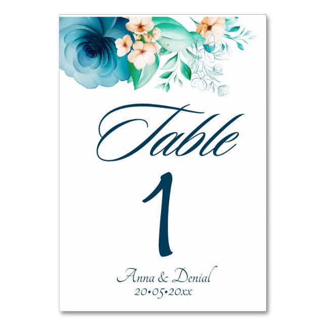 Blue Rose Watercolor Bliss Wedding Table Number (Front)