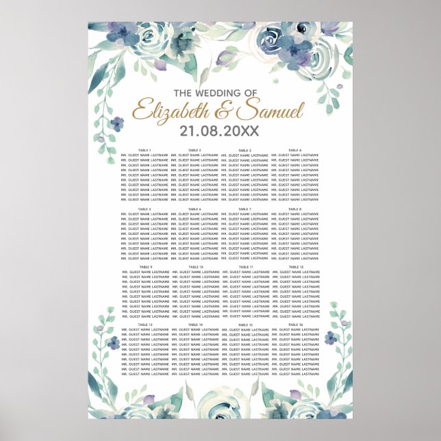 Blue Rose Watercolor Floral Wedding Seating Chart (Front)