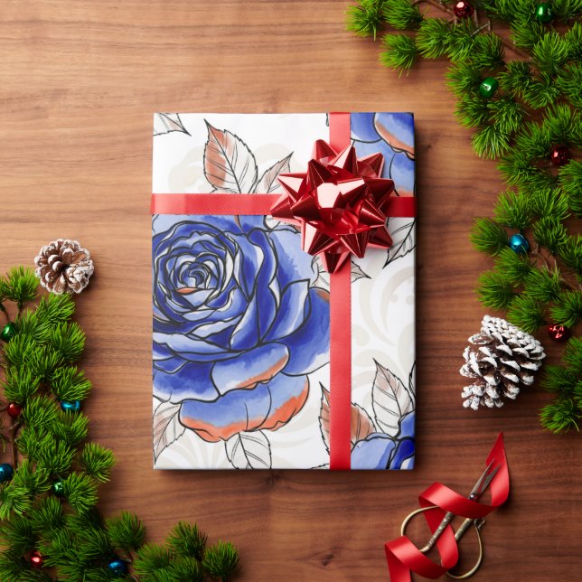 Blue Rose Watercolor Pattern Wrapping Paper (Holiday Gift)
