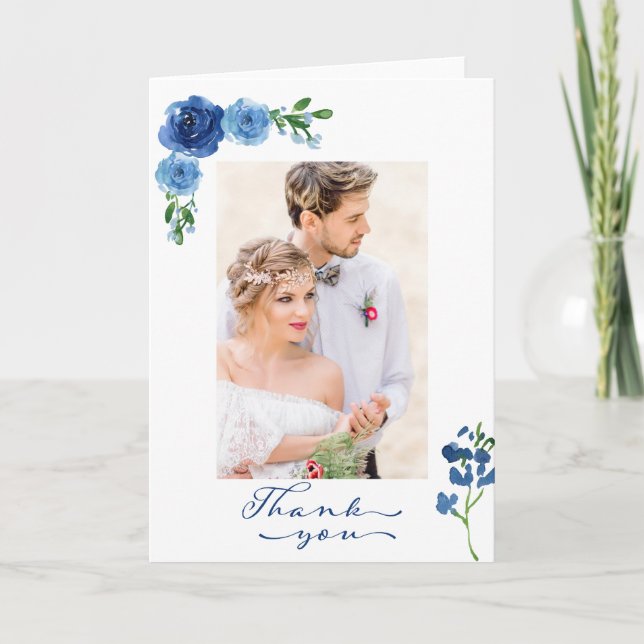 Blue Rose Wedding Photo Thank You Card (Front)