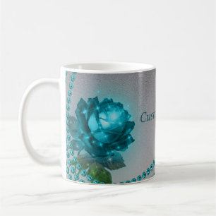 Blue Rose with Pearls Coffee Mug - Customise Text