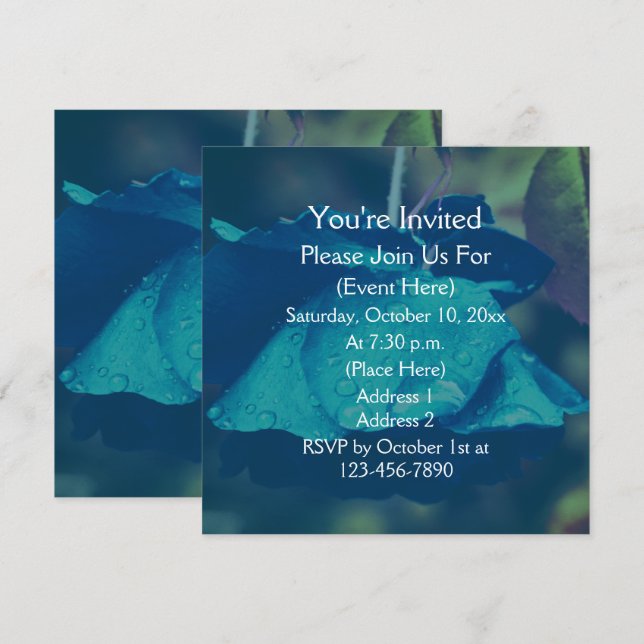 Blue Rose With Raindrops Floral Invitation (Front/Back)