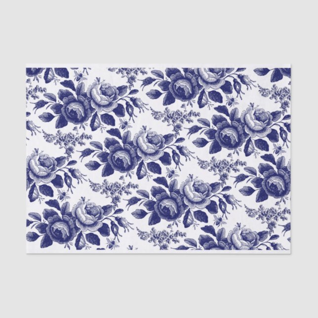 Blue roses and bees decoupage tissue paper (Front)